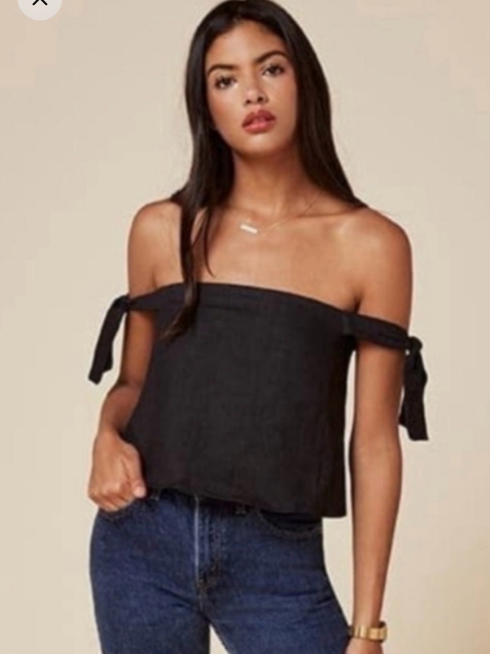 Reformation Black Off-Shoulder Tie-Sleeve Top